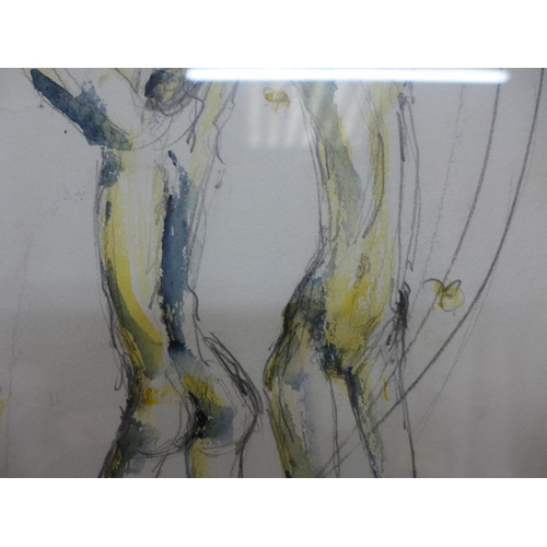 381 - CABE (LATE 20TH CENTURY) 'SPRING DANCERS', PEN AND WATERCOLOUR, SIGNED AND DATED 87, 55X38CM, FRAMED... 