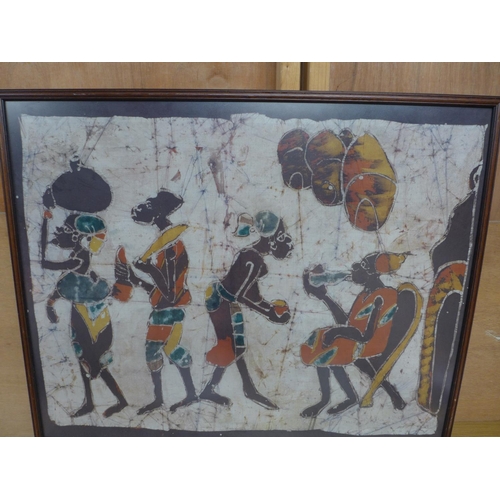 384 - AFRICAN PAINTING ON SILK DEPICTING FOUR FIGURES, 63X83CM, FRAMED AND GLAZED AND ANOTHER SILK PAINTIN... 