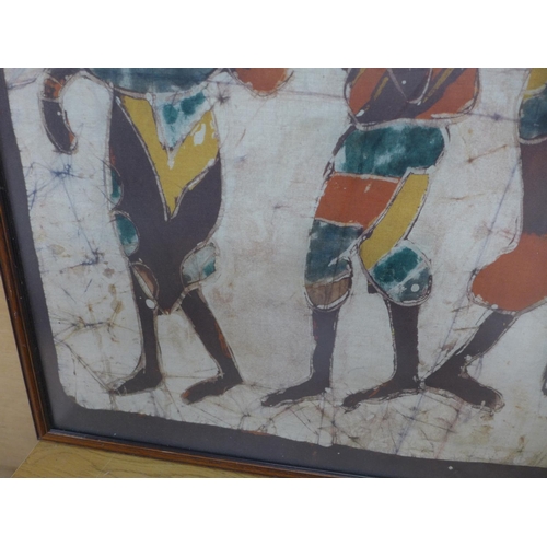 384 - AFRICAN PAINTING ON SILK DEPICTING FOUR FIGURES, 63X83CM, FRAMED AND GLAZED AND ANOTHER SILK PAINTIN... 