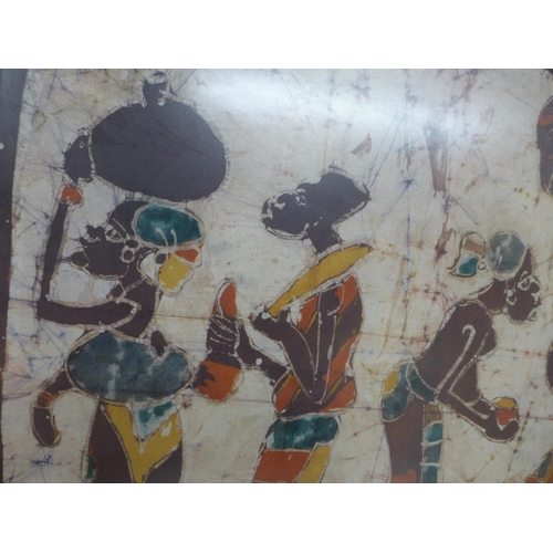 384 - AFRICAN PAINTING ON SILK DEPICTING FOUR FIGURES, 63X83CM, FRAMED AND GLAZED AND ANOTHER SILK PAINTIN... 