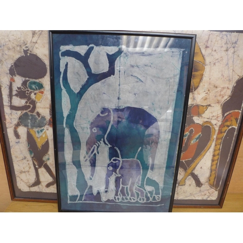 384 - AFRICAN PAINTING ON SILK DEPICTING FOUR FIGURES, 63X83CM, FRAMED AND GLAZED AND ANOTHER SILK PAINTIN... 