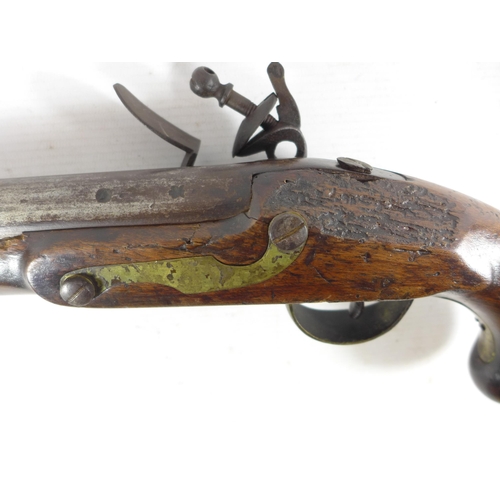 386 - AN EARLY 19TH CENTURY FLINTLOCK PISTOL, 22CM BARREL, WOODEN STOCK, LENGTH 39CM