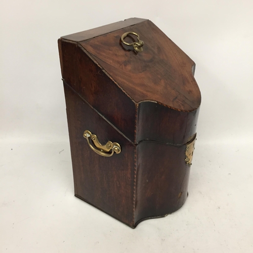 15 - A GEORGIAN MAHOGANY KNIFE BOX WITH BRASS FITTINGS