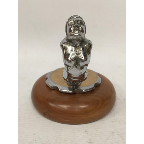 17 - A NUDE LADY CHROME EFFECT CAR MASCOT ON WOODEN BASE