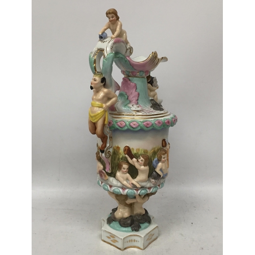 33 - A CONTINENTAL HARD PASTE PORCELAIN CHERUB JUG / EWER, POSSIBLY VOLKSTETD, BLUE MARK TO BASE