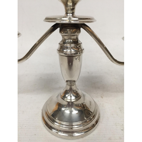 4 - A HALLMARKED SILVER THREE BRANCH CANDLEABRA, (WEIGHTED BASE)