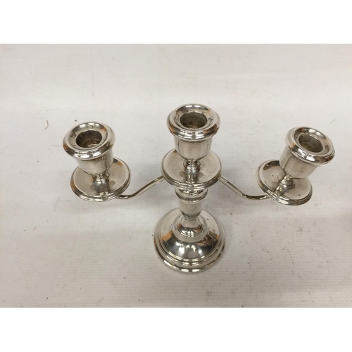 4 - A HALLMARKED SILVER THREE BRANCH CANDLEABRA, (WEIGHTED BASE)