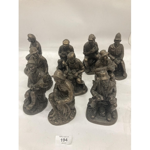 194 - A COLLECTION OF VINTAGE STYLE FIGURES TO INCLUDE A BLACKSMITH, FISHERMAN, MINER, FARMER, ETC - 10 IN... 