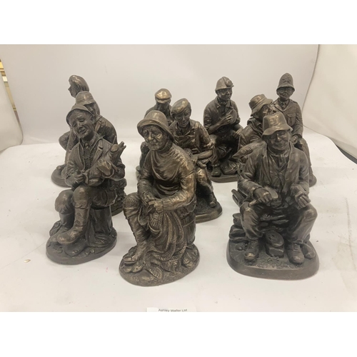 194 - A COLLECTION OF VINTAGE STYLE FIGURES TO INCLUDE A BLACKSMITH, FISHERMAN, MINER, FARMER, ETC - 10 IN... 