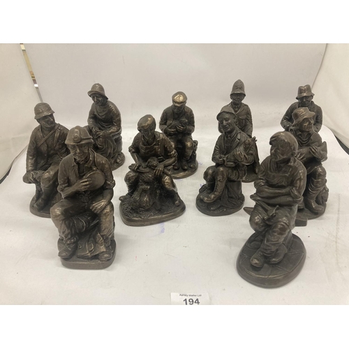 194 - A COLLECTION OF VINTAGE STYLE FIGURES TO INCLUDE A BLACKSMITH, FISHERMAN, MINER, FARMER, ETC - 10 IN... 