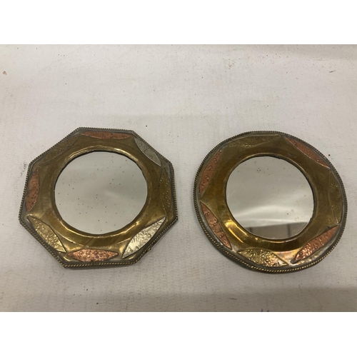 208 - TWO SMALL BRASS AND COPPER MIRRORS DIAMETER 8.5CM