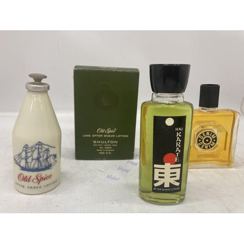 210 - FOUR 1970'S AFTERSHAVES TO INCLUDE OLD SPICE, DENIM AND HAI KARATE