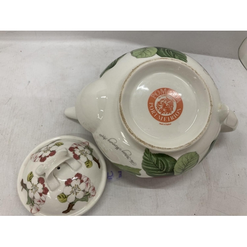 213 - THREE PIECES OF PORTMEIRION TO INCLUDE A TEAPOT, A LARGE CUP AND SAUCER