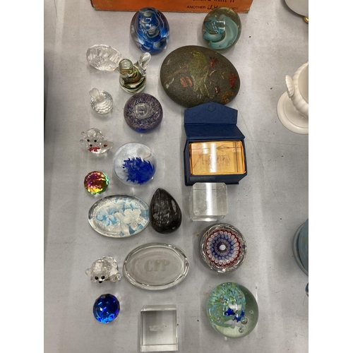 218 - A LARGE COLLECTION OF GLASSWARE PAPERWEIGHTS TO INCLUDE A MDINA BIRD, ETC - 20 IN TOTAL