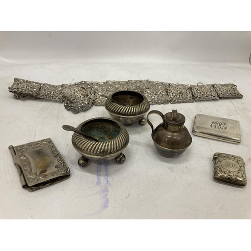 237 - A PAIR OF SILVER PLATED SALTS, A FILIGREE STYLE BELT, VESTA CASE, SILVER PLATED NOTEBOOK, ETC