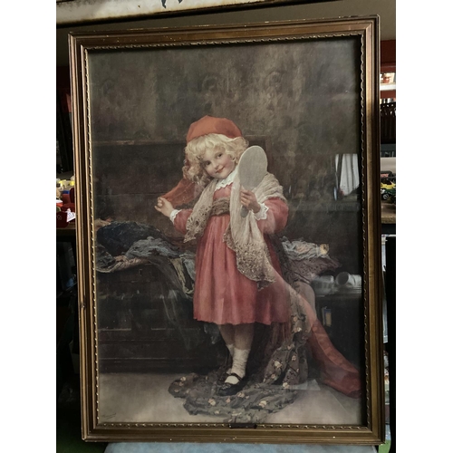 408 - A PERCY TARRANT FRAMED EDWARDIAN PRINT OF A GIRL IN RED HOLDING A MIRROR