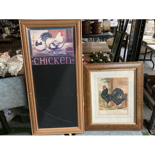 412 - A CHICKEN BLACKBOARD AND A VICTORIAN PRINT OF A PAIR OF BLACK HAMBURGS