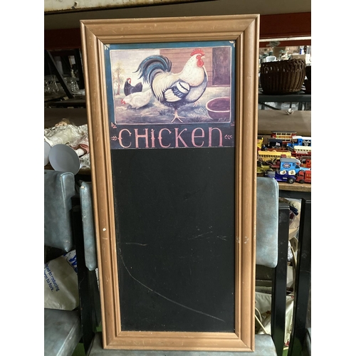 412 - A CHICKEN BLACKBOARD AND A VICTORIAN PRINT OF A PAIR OF BLACK HAMBURGS