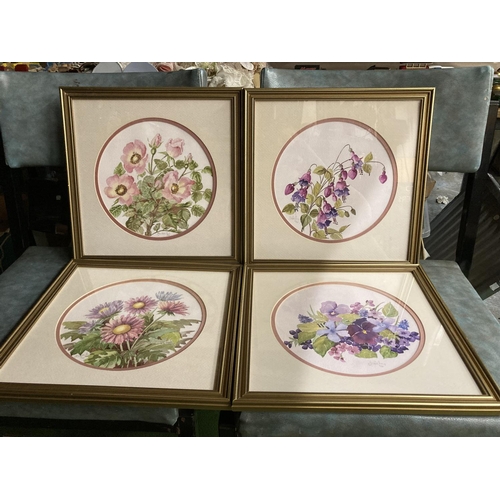 425 - A SET OF FOUR WATERCOLOURS ON CANVAS OF FLOWERS 13 X 13 INCHES BY J M BAILEY