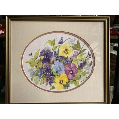 426 - A WATERCOLOUR ON CANVAS OF PANSIES 17 X 15 INCH BY J M BAILEY