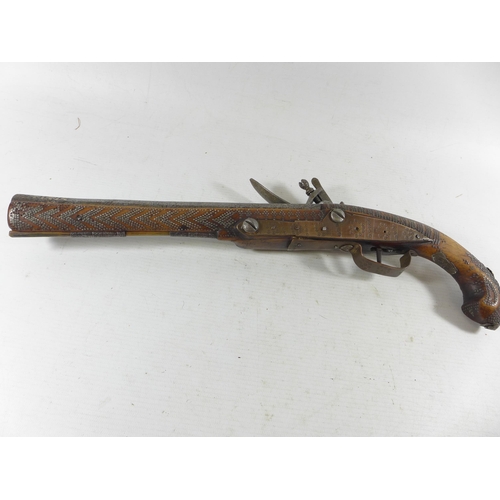 390 - AN INDIAN FLINTLOCK PISTOL, 26CM FLARED MUZZLE BARREL WITH WHITE METAL INLAY, STOCK WITH NAIL DECORA... 