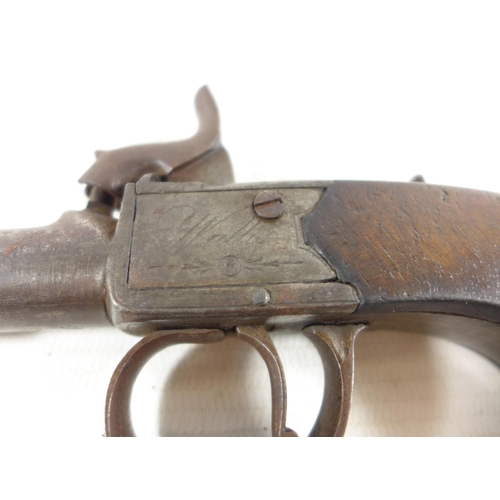 391 - A MID 19TH CENTURY TURN OFF BARREL PERCUSSION CAP POCKET PISTOL, THE LOCK MARKED WALLIS, 8CM BARREL,... 