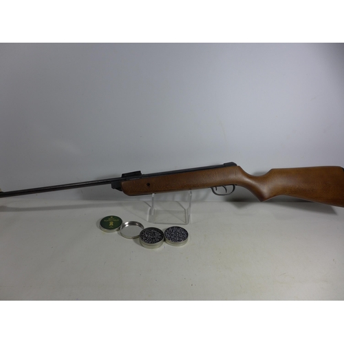 348 - A BSA METEOR .22 CALIBRE AIR RIFLE, 47CM BARREL, SERIAL NUMBER WE16444, LENGTH 106CM, TWO TINS OF PE... 