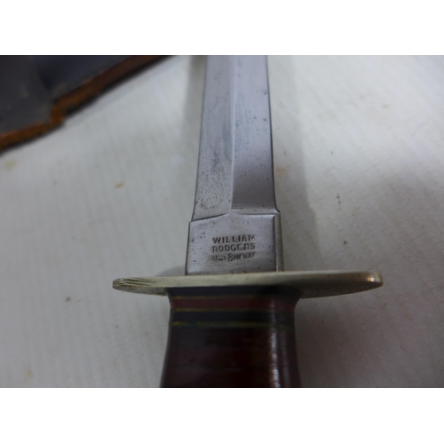 362 - A MID 20TH CENTURY WILLIAM RODGERS STILETTO KNIFE AND SCABBARD, 15CM BLADE