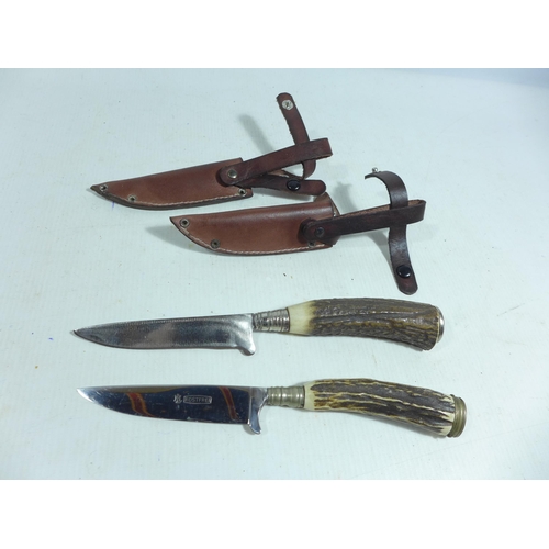 364 - TWO STAG HANDLED KNIVES AND SCABBARDS, BLADE LENGTH 22 AND 23CM