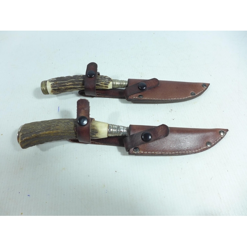 364 - TWO STAG HANDLED KNIVES AND SCABBARDS, BLADE LENGTH 22 AND 23CM