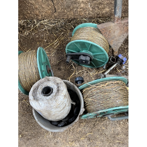 50 - THREE REELS OF ELECTRIC FENCE WIRE ETC+ VAT