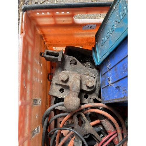 82 - A BOX CONTAINING JUMP LEADS, EXTENTION CABLE ETC +VAT