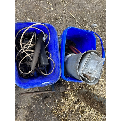 86 - TWO BUCKETS OF FENCING TACKLE, SPANNERS A BOTTLE JACK ETC + VAT