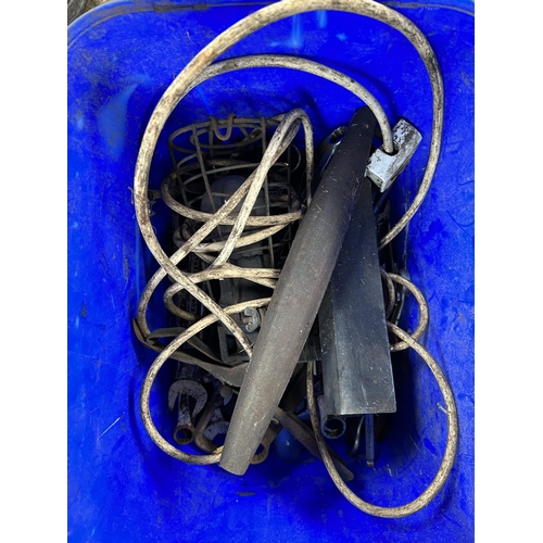 86 - TWO BUCKETS OF FENCING TACKLE, SPANNERS A BOTTLE JACK ETC + VAT