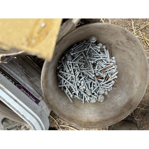 92 - THREE  BUCKETS CONTAINING ROOF SCREWS ETC