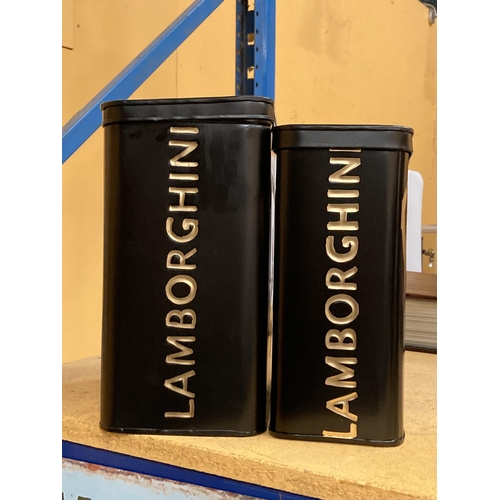 45 - TWO METAL LAMBORGHINI LIDDED PETROL CANS / STORAGE TINS