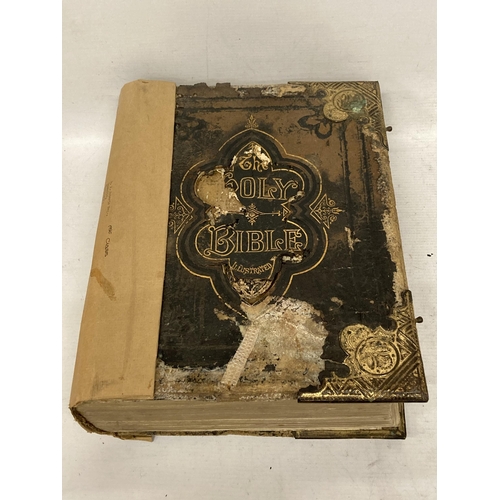 57 - A LARGE ANTIQUARIAN HOLY BIBLE WITH COLOUR AND BLACK AND WHITE PLATES, SOME DAMAGE TO THE COVER AND ... 