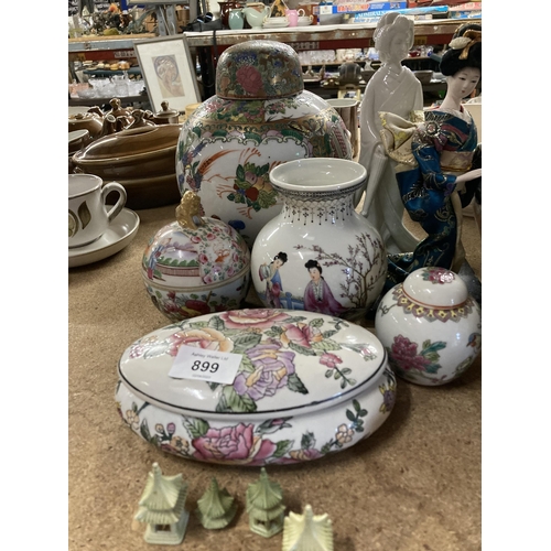 899 - A MIXED GROUP OF CHINESE AND ORIENTAL CERAMICS TO INCLUDE FAMILLE ROSE GINGER JARS, MUD MEN FIGURES,... 