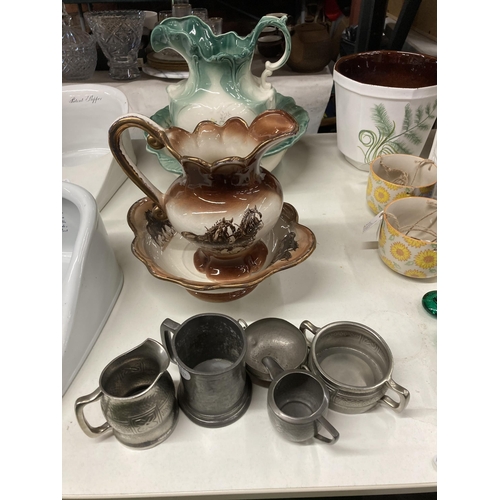 922 - TWO VINTAGE WASH JUG AND BOWL SETS AND A SMALL GROUP OF PEWTER ITEMS