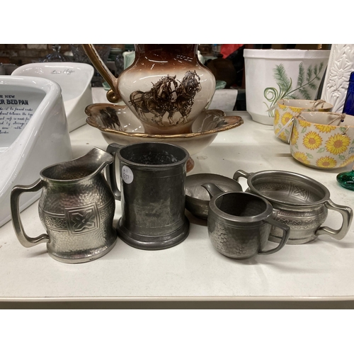 922 - TWO VINTAGE WASH JUG AND BOWL SETS AND A SMALL GROUP OF PEWTER ITEMS