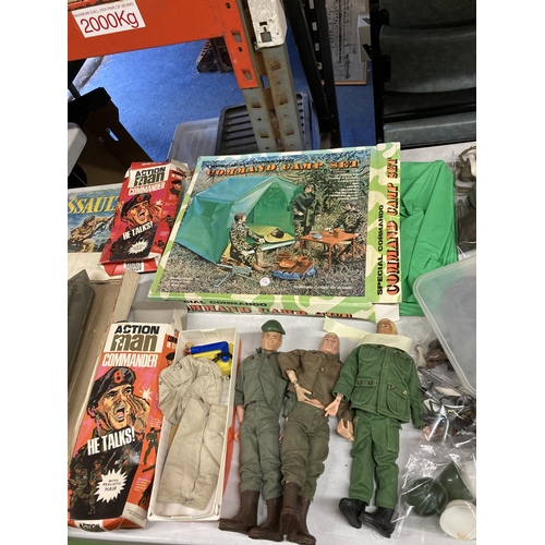 926 - A COLLECTION OF ACTION MAN FIGURES AND ACCESSORIES, CAMP SET, DINGY, CLOTHES ETC