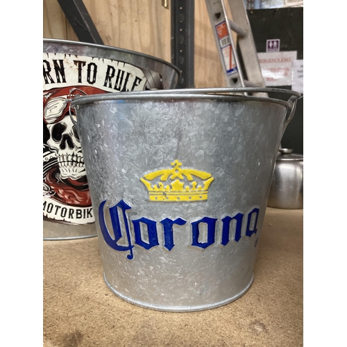 945 - TWO METAL BEER / ICE BUCKETS - CORONA AND BORN TO RIDE MOTORBIKE