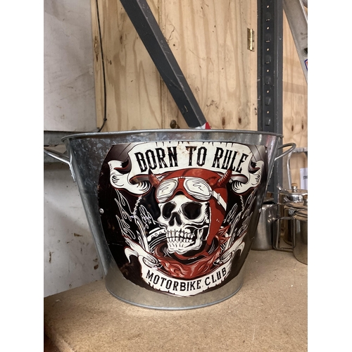 945 - TWO METAL BEER / ICE BUCKETS - CORONA AND BORN TO RIDE MOTORBIKE