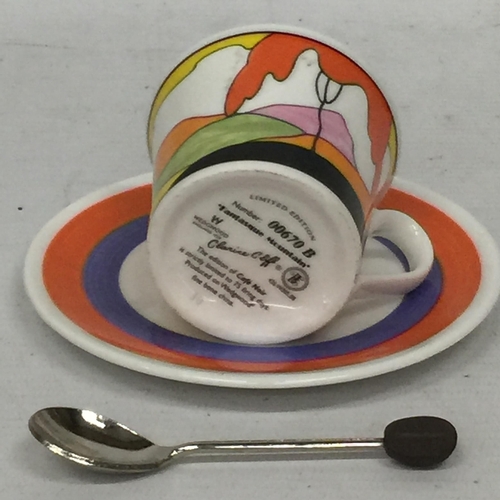 752 - A WEDGEWOOD CLARICE CLIFF LIMITED EDITION CUP, SAUCER AND SPOON