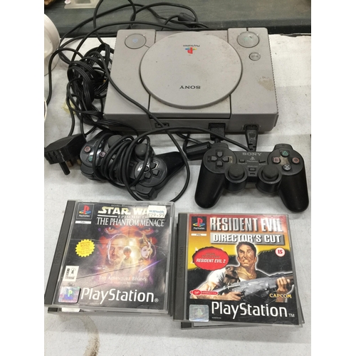 476 - A SONY PLAYSTATION ONE WITH TWO CONTROLLERS AND FIVE GAMES TO INCLUDE STAR WARS THE PHANTOM MENACE, ... 