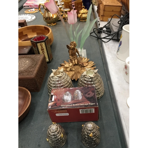 478 - A PAIR OF BEEHIVE SALT AND PEPPER POTS, BEEHIVE CANDLE HOLDERS, FLOWER ORNAMENT AND A FAIRY