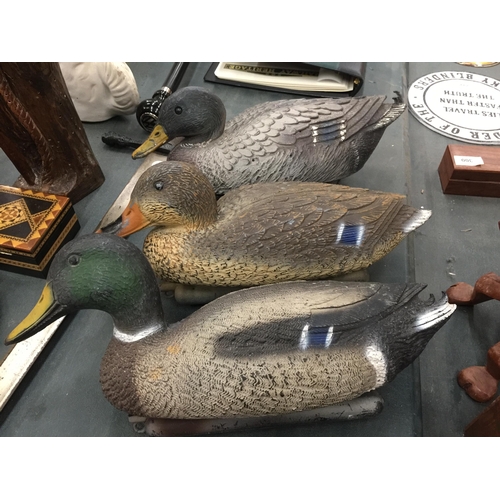 481 - THREE MALLARD DECOY DUCKS AND TWO WOODEN PARROTS