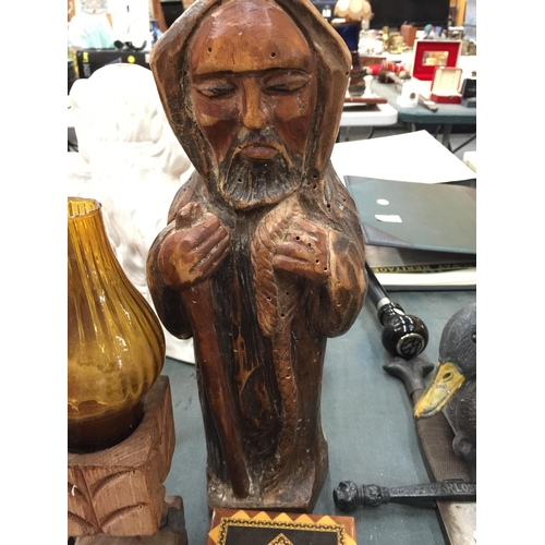 483 - A QUANTITY OF TREEN ITEMS TO INCLUDE BOXES, LARGE RELIGIOUS FIGURES, A CRUCIFIX, OIL LAMP,  ETC