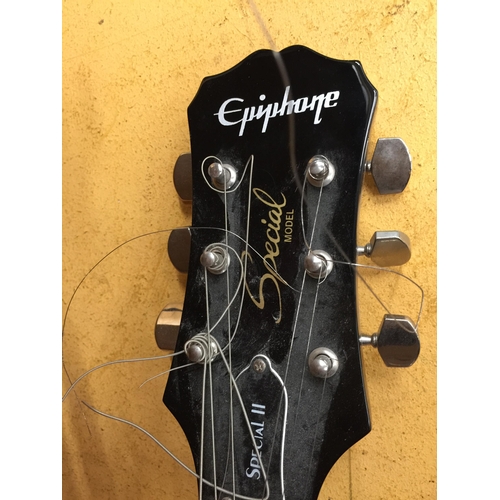 802 - AN EPIPHONE SPECIAL II BLACK ELECTRIC GUITAR WITH STICKERS, SHOULDER STRAP AND CASE