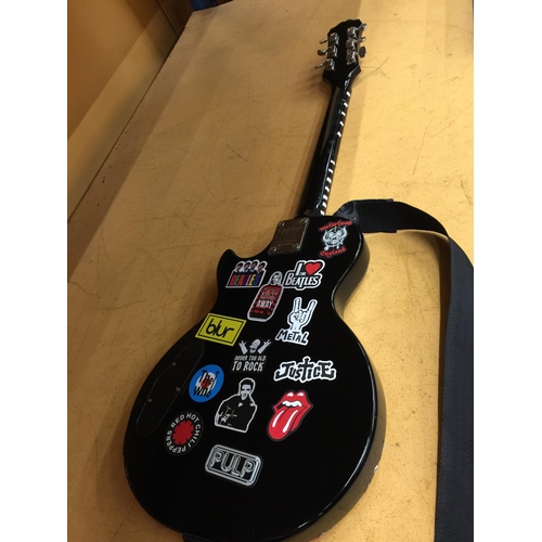 802 - AN EPIPHONE SPECIAL II BLACK ELECTRIC GUITAR WITH STICKERS, SHOULDER STRAP AND CASE